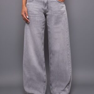 Pantalón Wide Leg Tiro Bajo Gris Nevado Con Hebillas Ruedo Normal